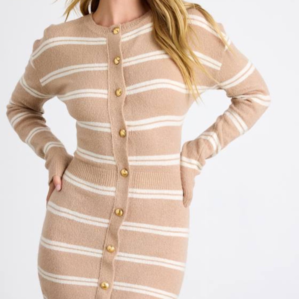 Lulus Maudie Beige And White Striped Sweater Mini Dress - Size S